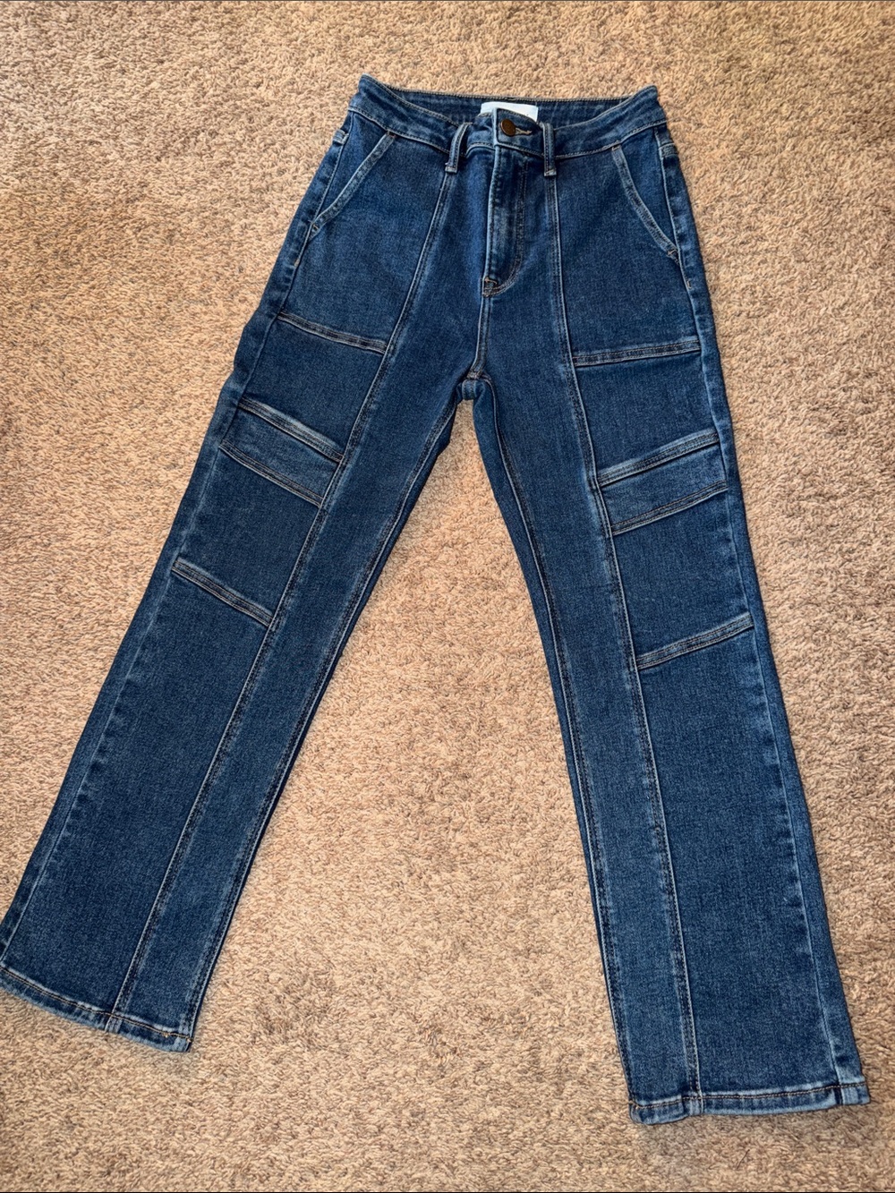 Risen Paneled Straight Leg Jeans Seam Front Utility Carpenter Medium Wash 7/28